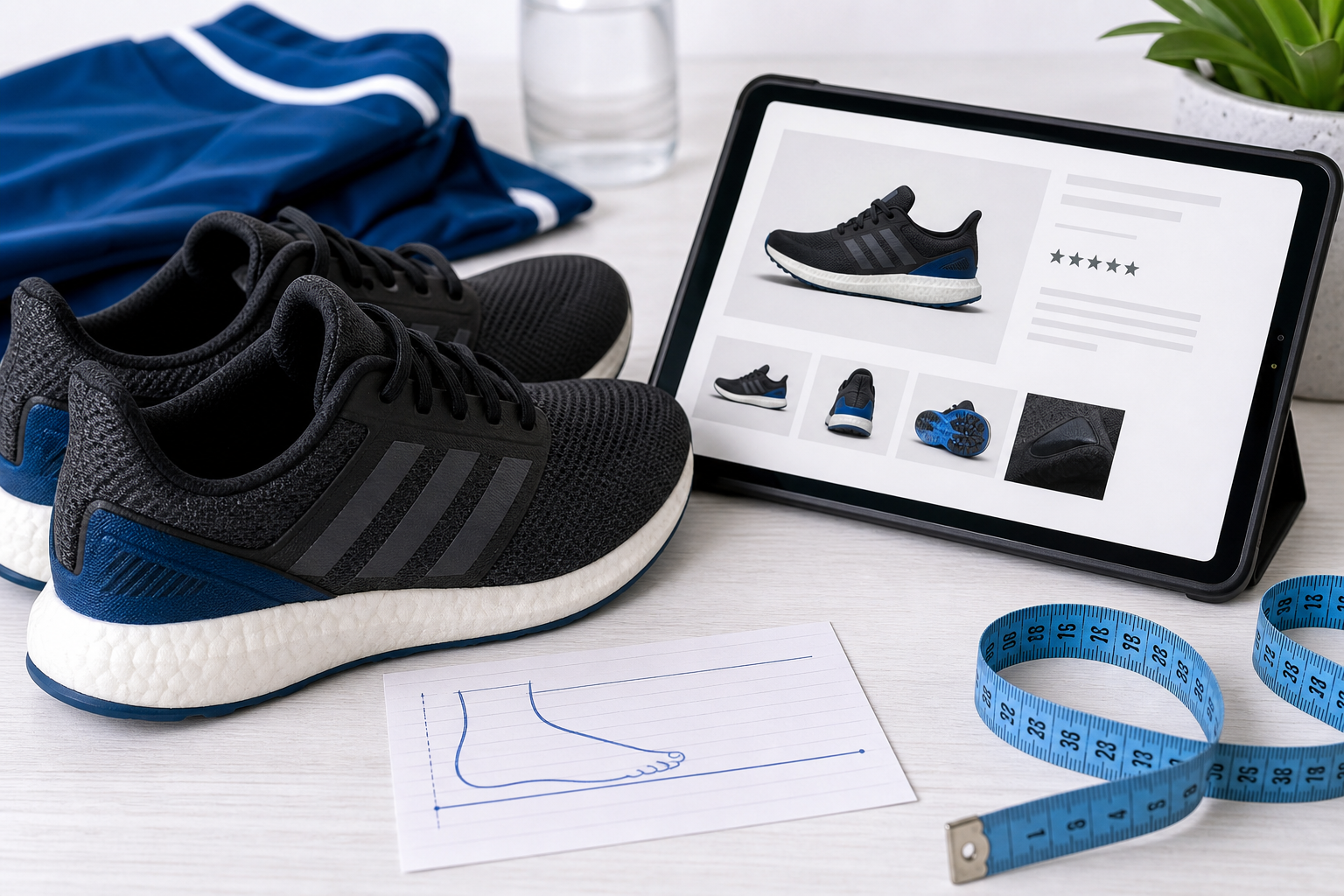 Athletic sneakers beside a phone with listing photos, rating icons, and a measuring tape
