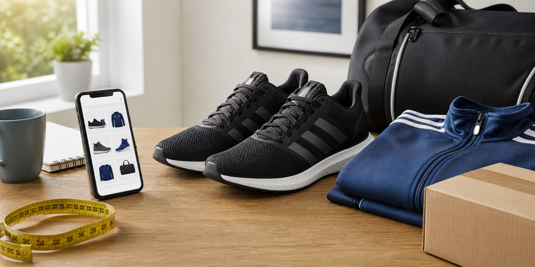 Athletic sneakers, sports clothing, a measuring tape, and a phone for online shopping