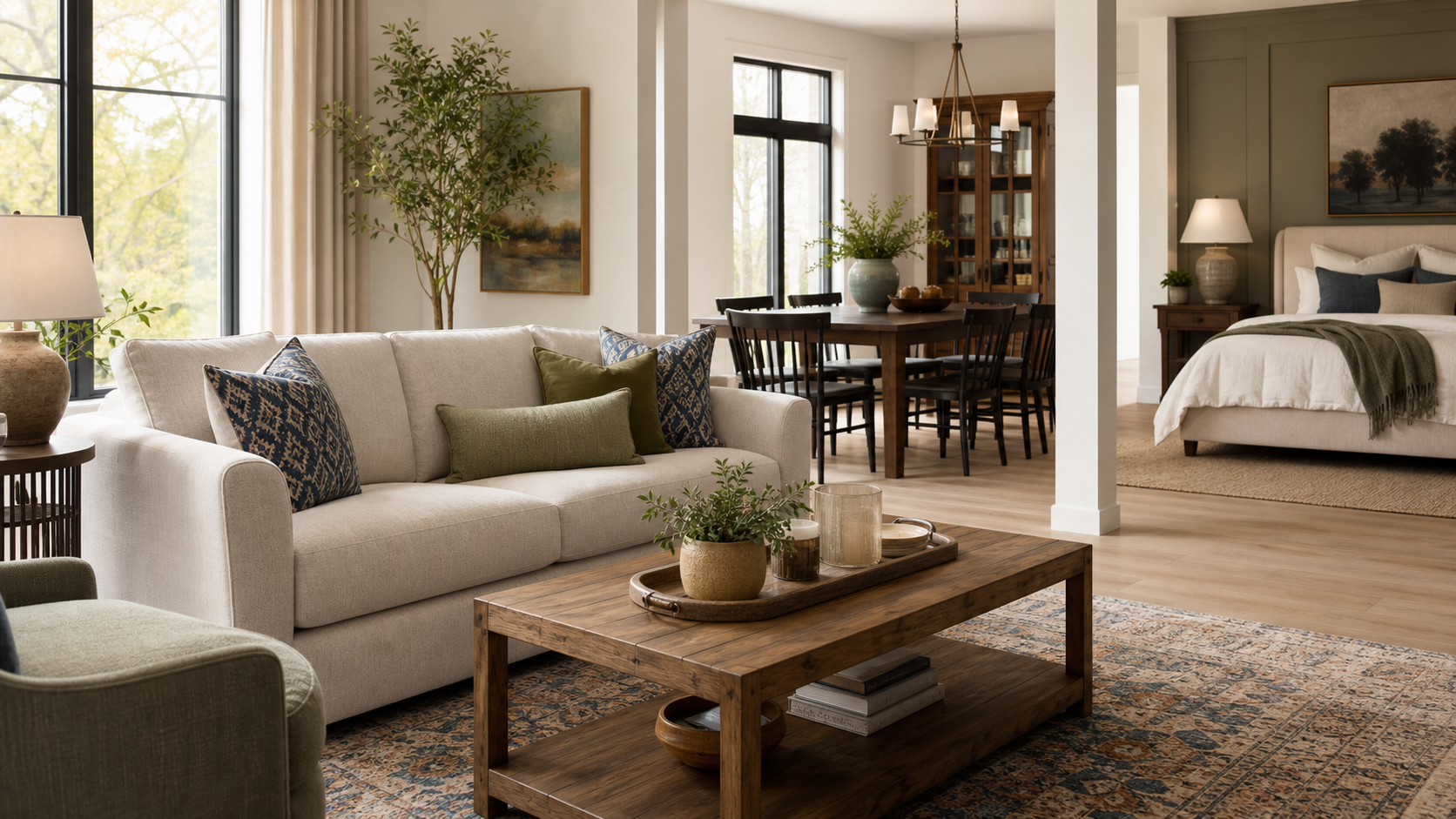 A styled living room, bedroom, and dining setup showing upholstered and wood furniture