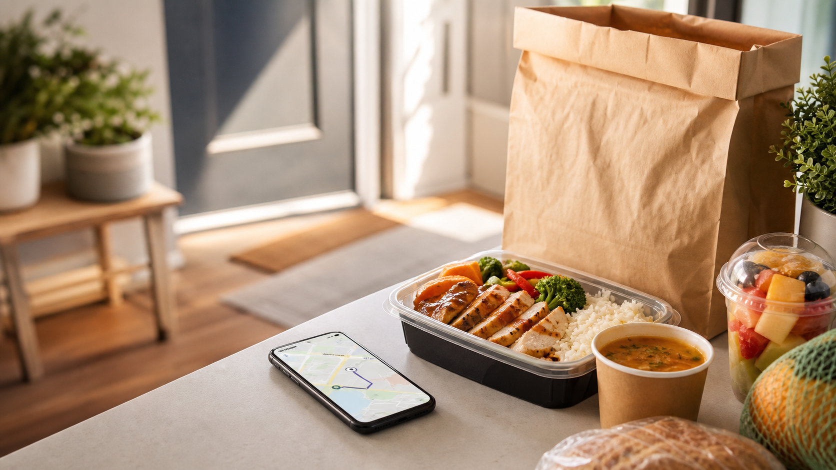 A food delivery bag and a warm takeout meal set on a doorstep