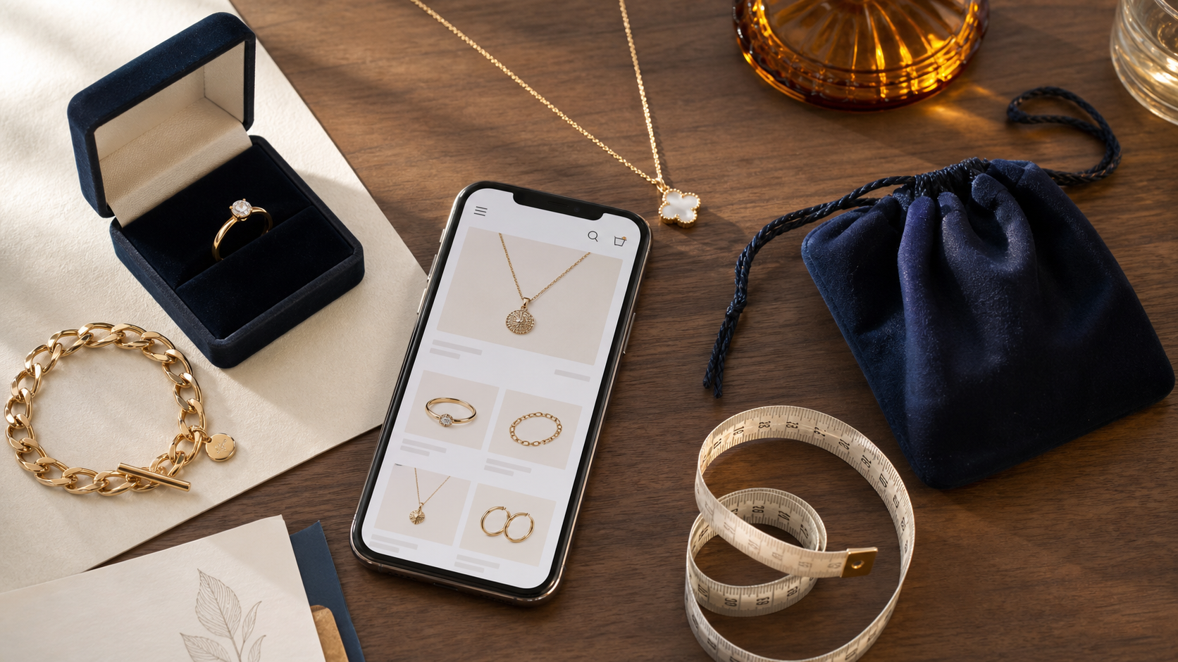 Gold-tone jewelry, a jewelry pouch, a ring box, measuring tape, and a phone for online shopping