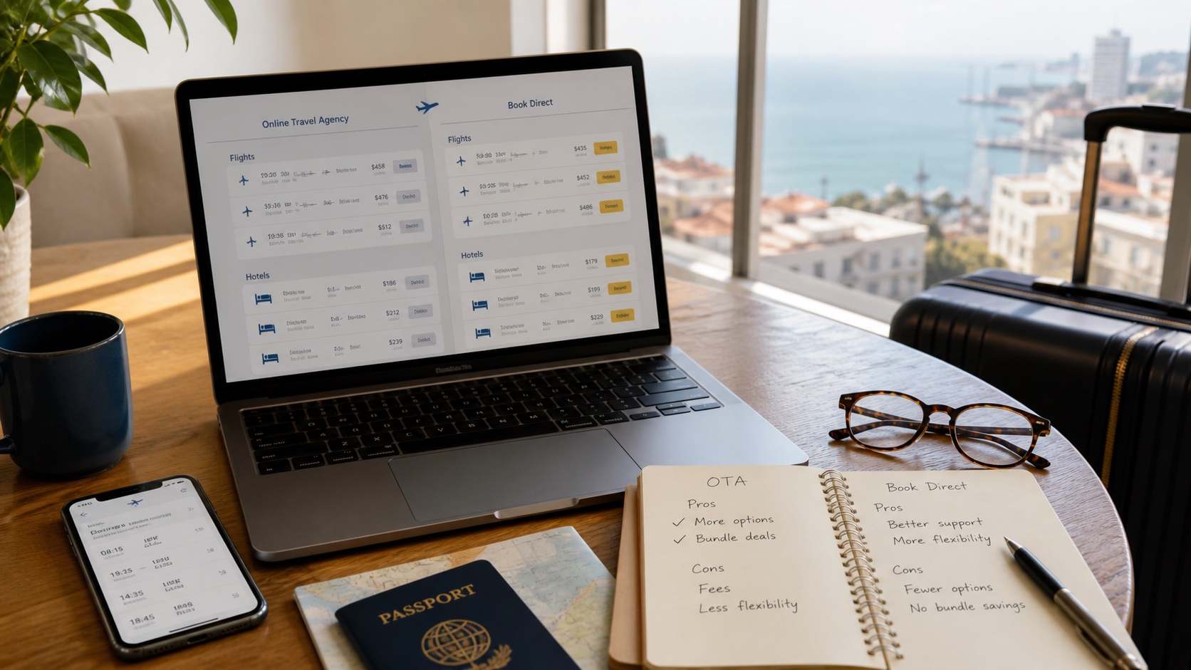 Laptop comparing travel booking options beside a pros-and-cons notebook