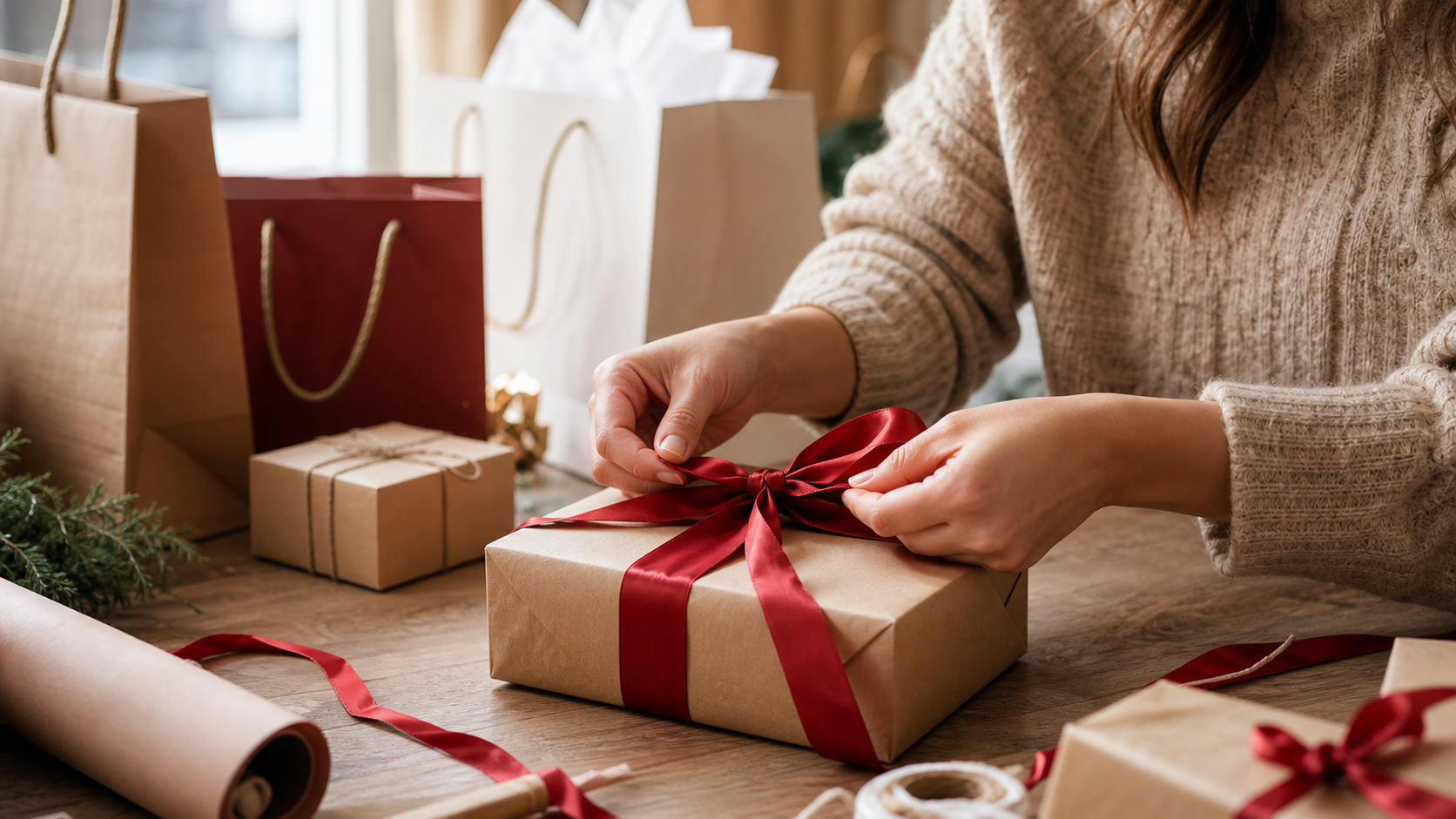 Gift boxes, shopping bags, and ribbon on a warm tabletop