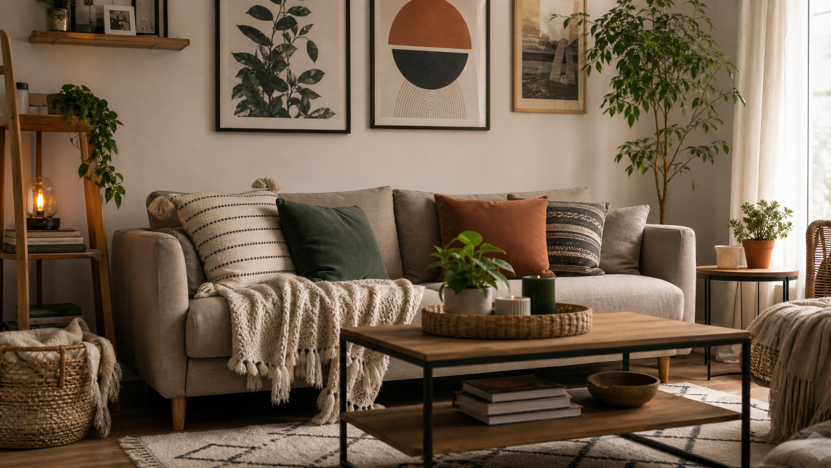 A coordinated furniture setup with a sofa, table, and decor accents