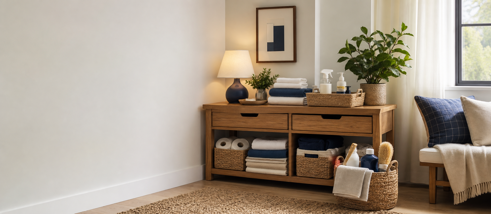 Organized apartment console with towels, baskets, cleaning supplies, a lamp, and a plant