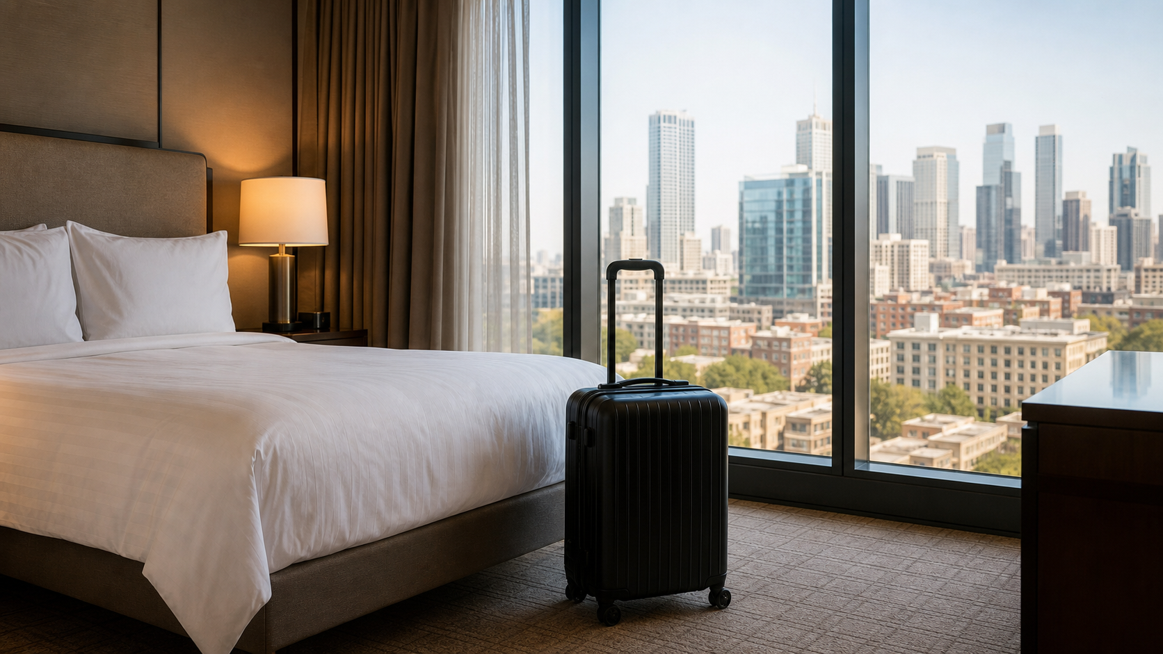 Tidy hotel room with a suitcase and a view over the city