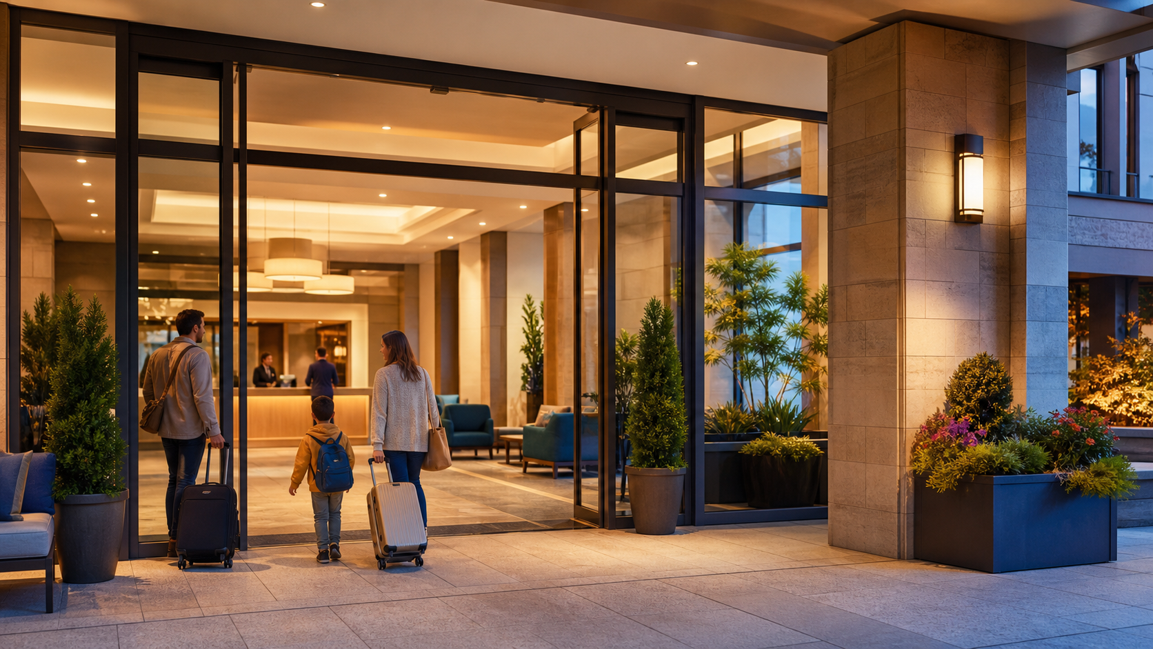 A welcoming modern hotel entrance with warm lobby lighting and travelers arriving with luggage