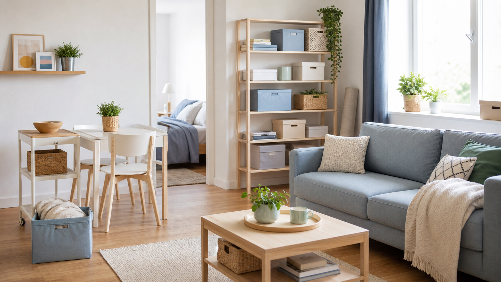 A small, well-organized apartment furnished with space-saving IKEA furniture and storage