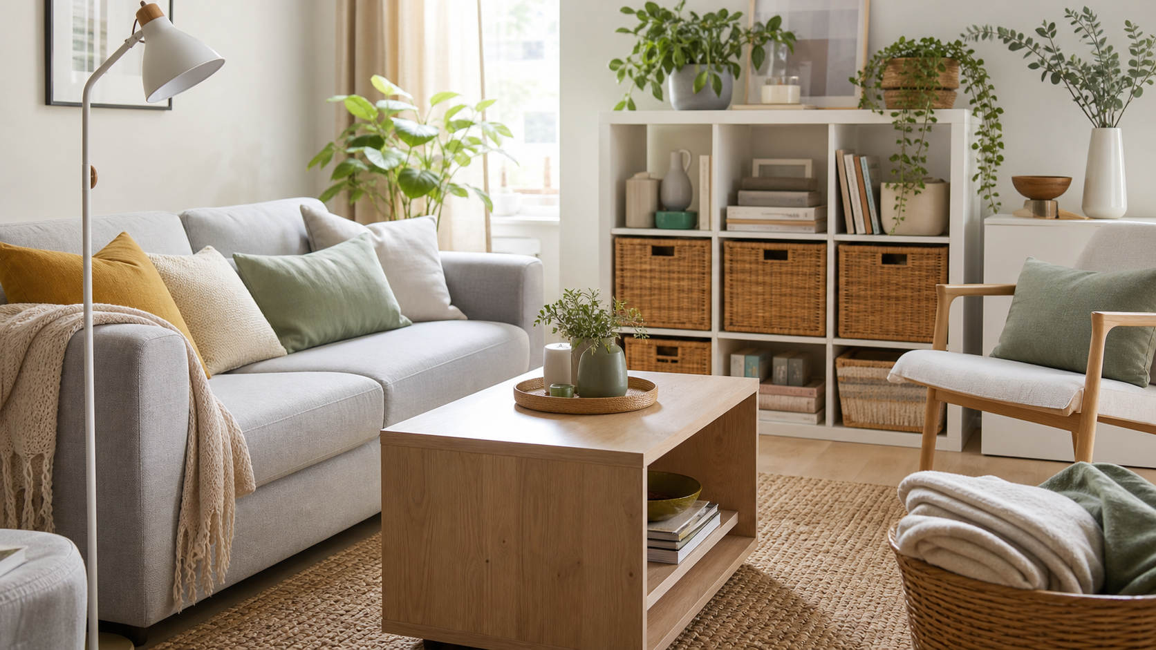 A bright, tidy living room furnished with a sofa, shelving, a coffee table, and soft textiles