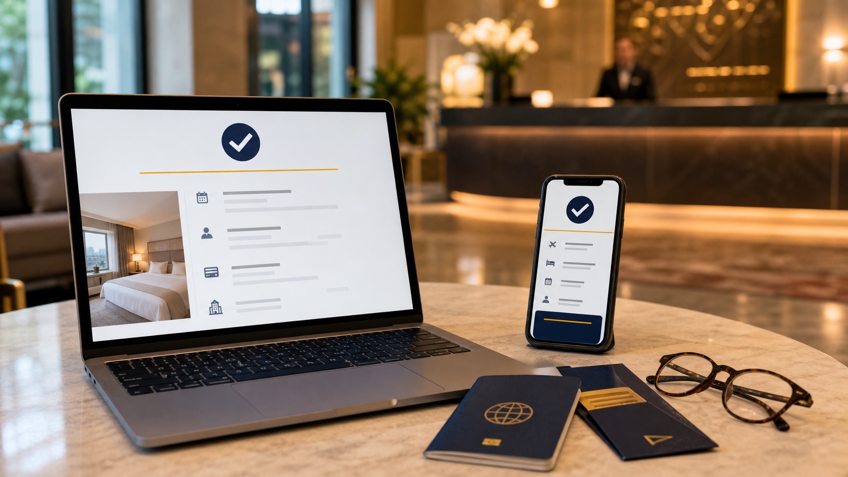 Laptop and phone displaying matching hotel booking confirmations