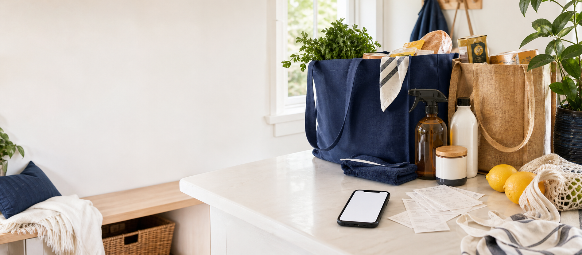 Reusable shopping bags, household goods, receipts, and a phone on a bright kitchen counter