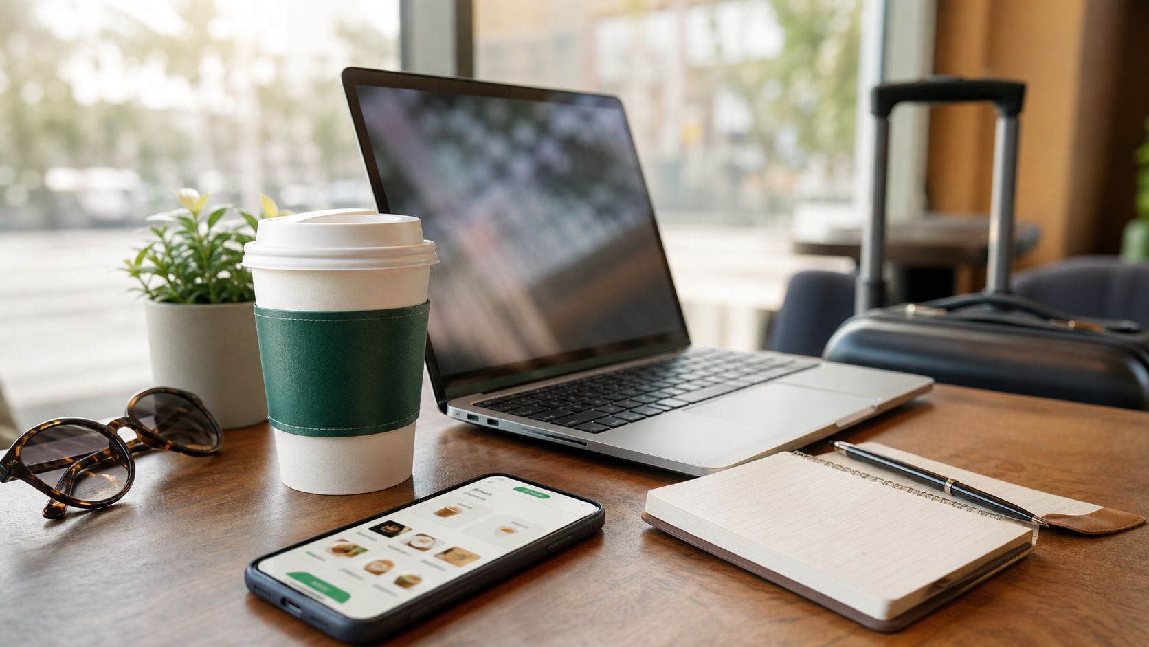 A Starbucks coffee cup on a table beside a laptop and notebook