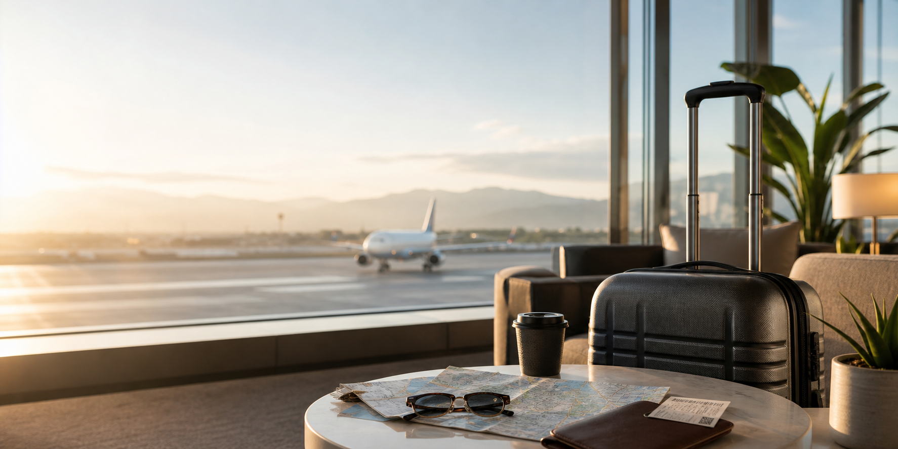 Airport lounge with luggage, boarding pass, and a runway view