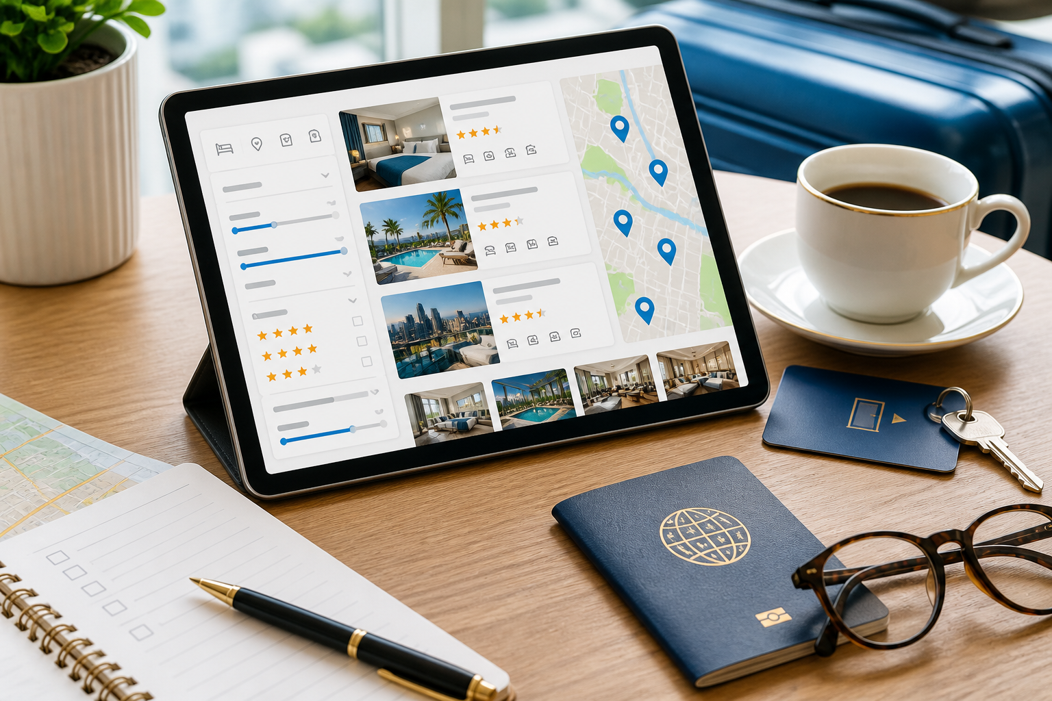 Tablet showing hotel map results, filters, ratings, and room photos beside travel items
