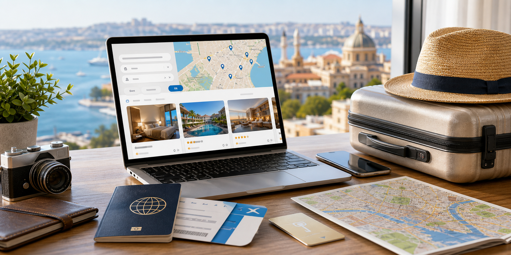 Travel planning desk with luggage, passport, map, and a hotel search screen