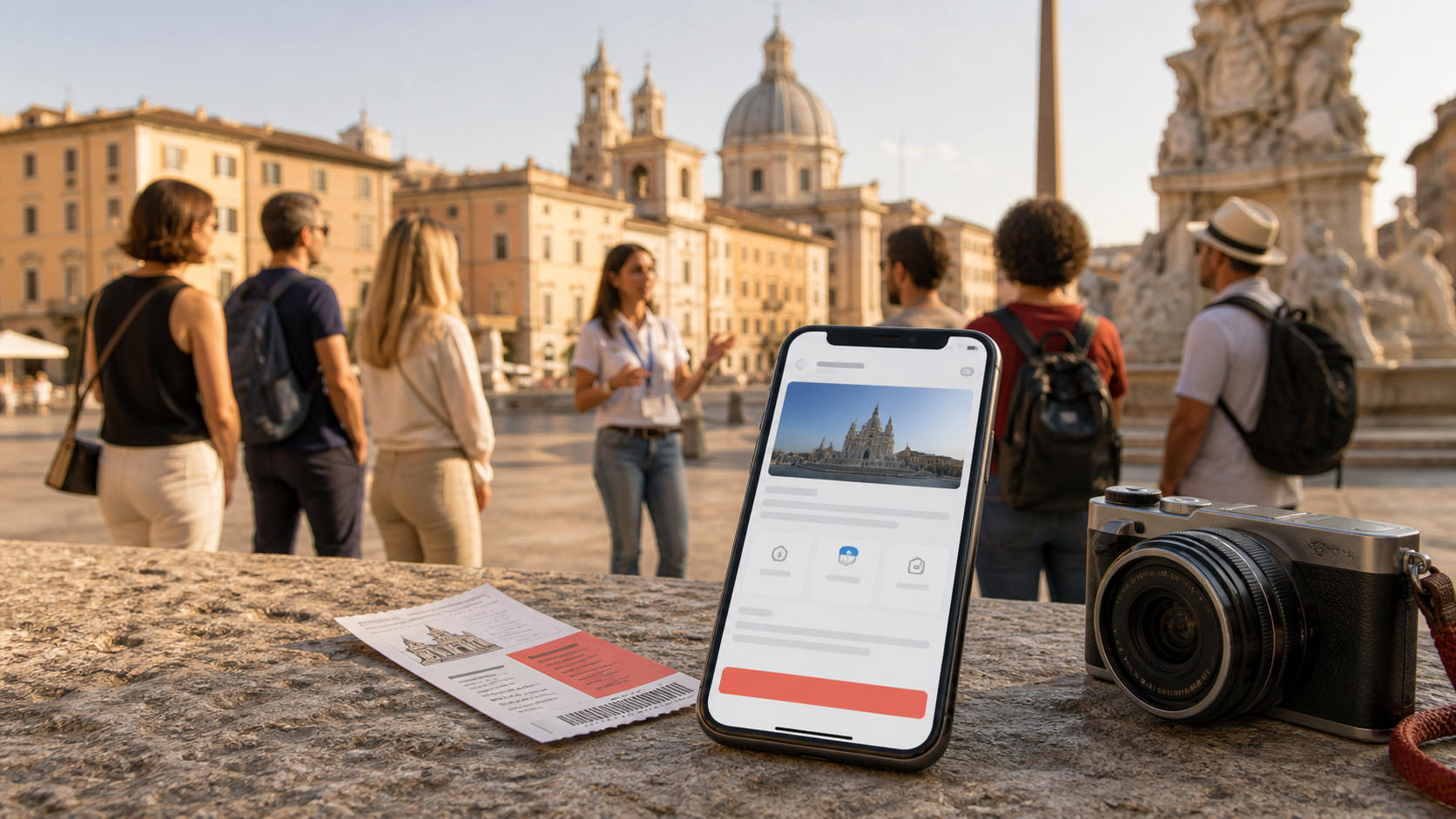 A guided city tour behind a phone displaying a generic activity booking page, with a ticket and camera nearby
