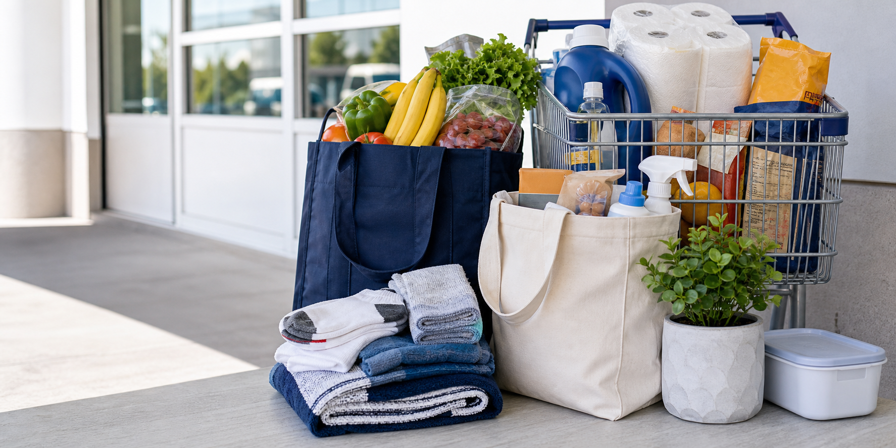 A shopping cart and reusable bags filled with groceries, paper goods, cleaning supplies, and household basics