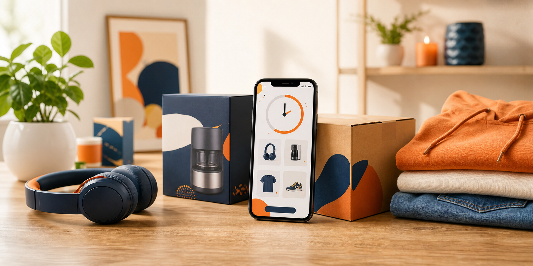 A phone with a countdown-style shopping screen beside headphones, clothing, household goods, and shipping boxes